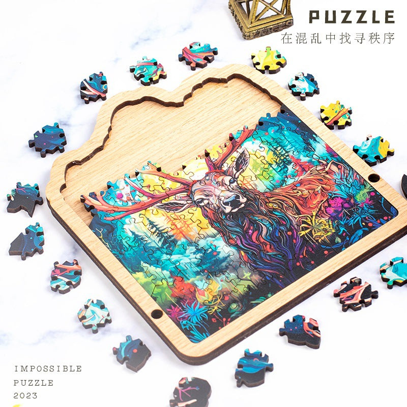 Wooden Puzzle Colorful Elk Shaped Jigsaw